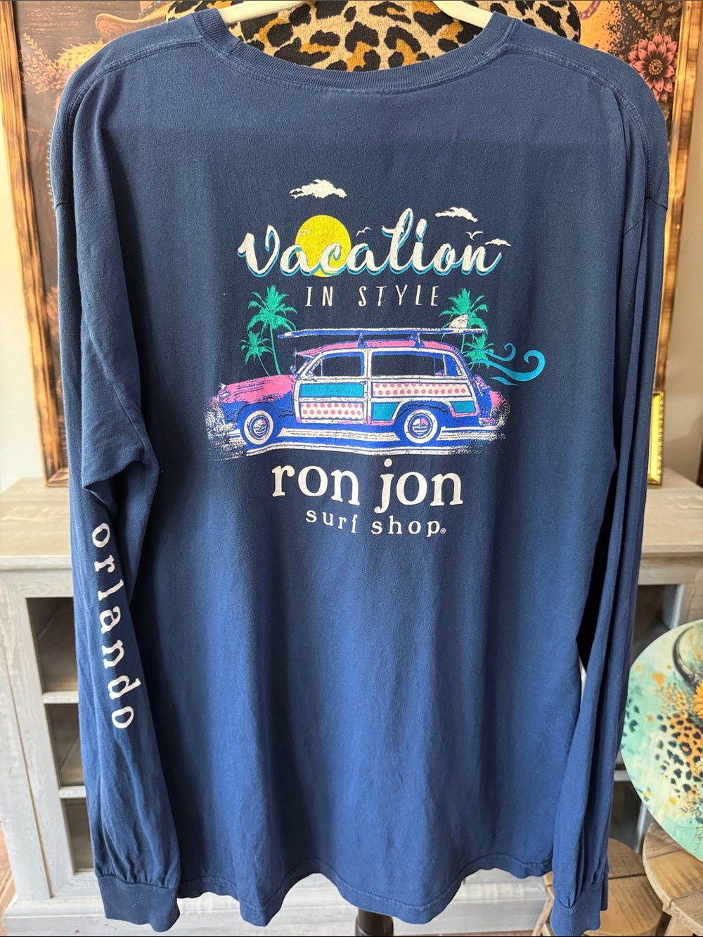 Ron Jon Navy Blue Long Sleeve Tee with Tropical Logo Women's Size Large